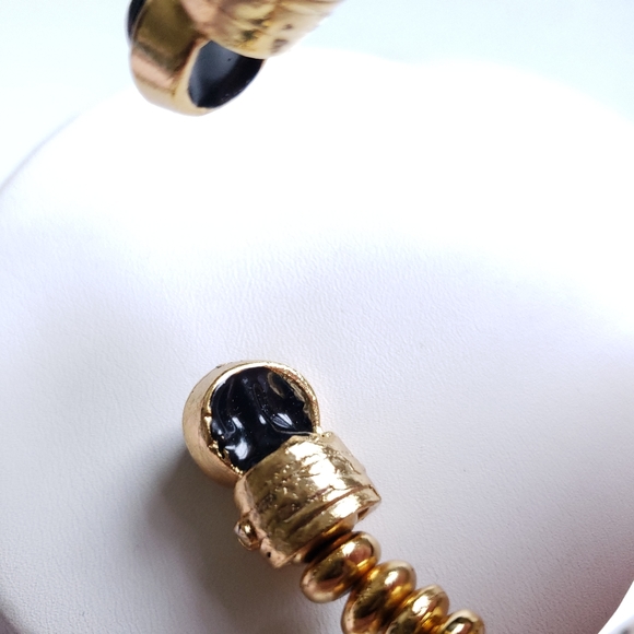 Chunky Vintage Yellow Goldtone Disc Cuff Bracelet w Black Glass Cabochons - Picture 6 of 16